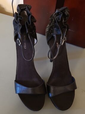 Nine West Black Ruffled Ankle-Strap Heels